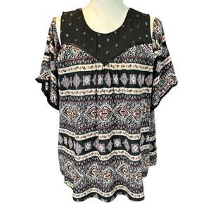 Susina Top Women Sze 1X Black White Paisley Cold Shoulder Bohemian Casual Blouse